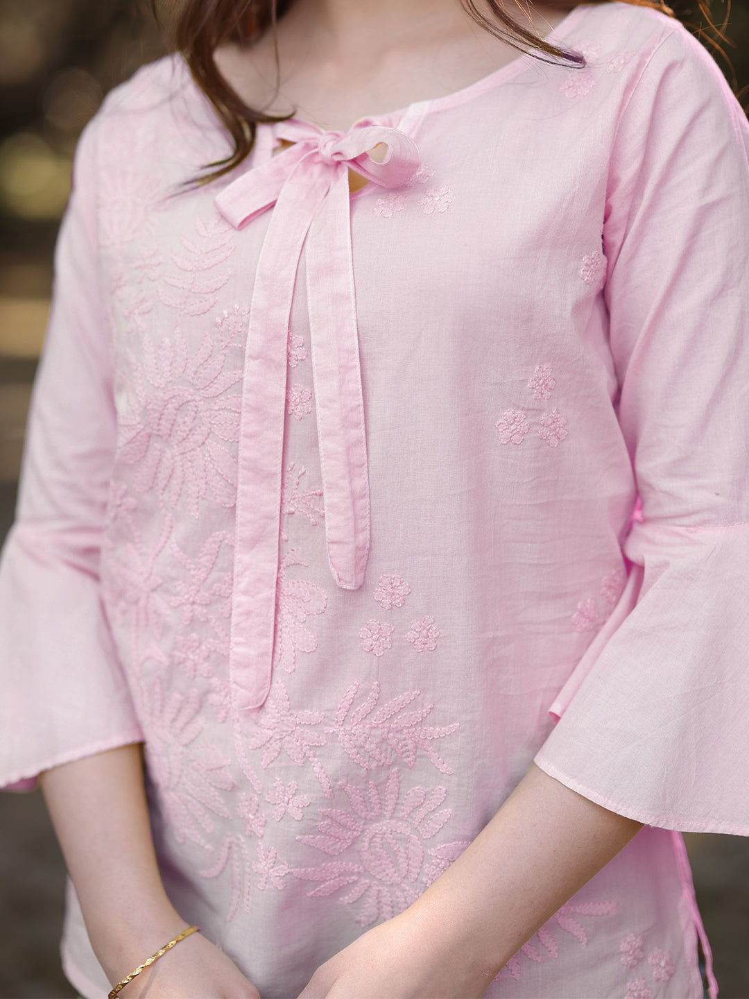 IQRA Chikankari Cotton Bell Sleeves Top - KRI CHIKANKARI